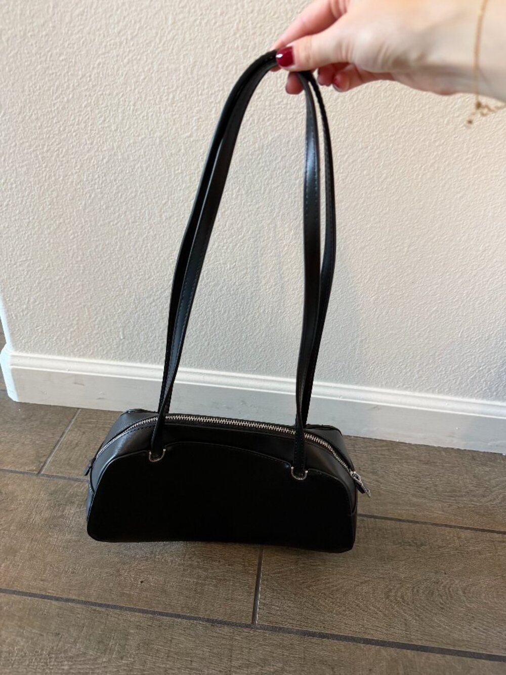 Miztique Black Dome Shoulder Bag Double Zip Baguette Silver Hardware